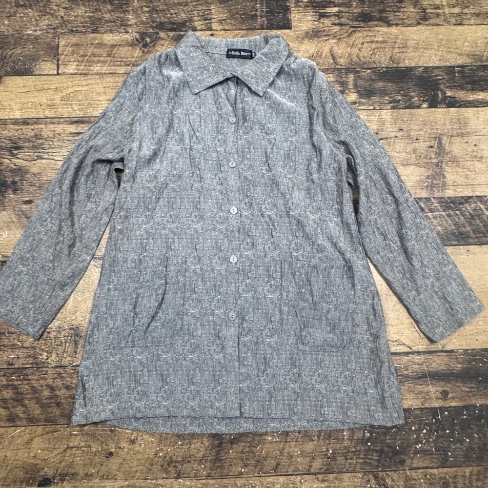 Bella Blue Women Gray Long Sleeve Collared Button Front Tunic Top Size S